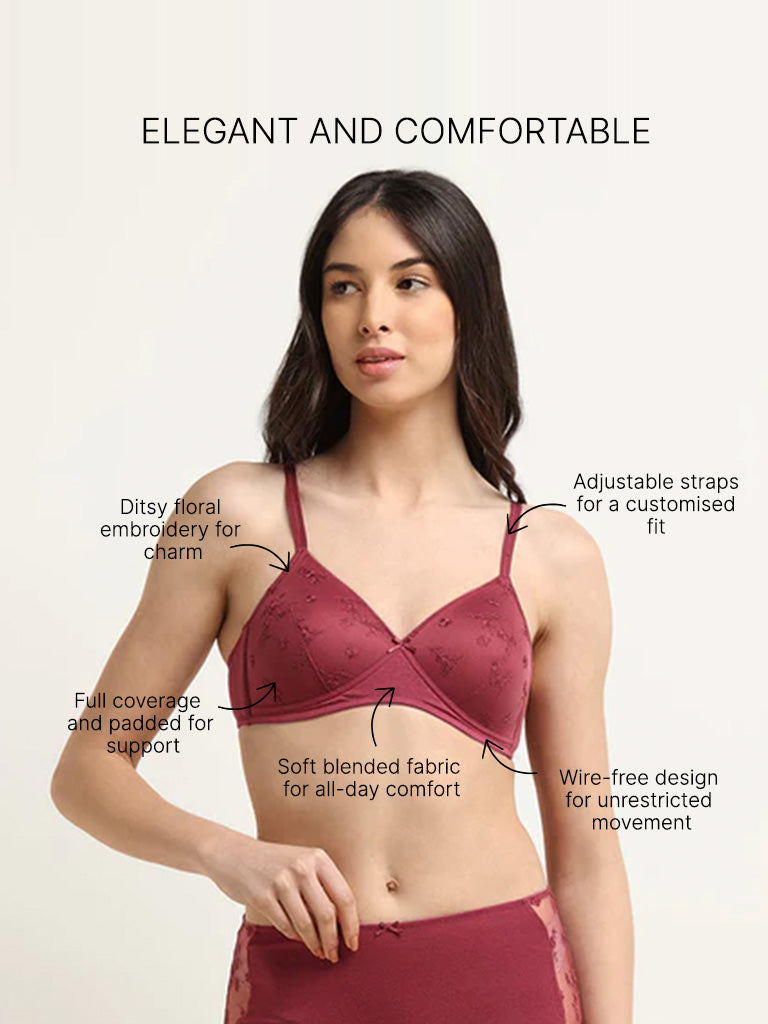 Wunderlove Maroon Floral Embroidered Bra