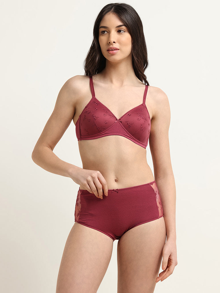 Wunderlove Maroon Floral Embroidered Bra