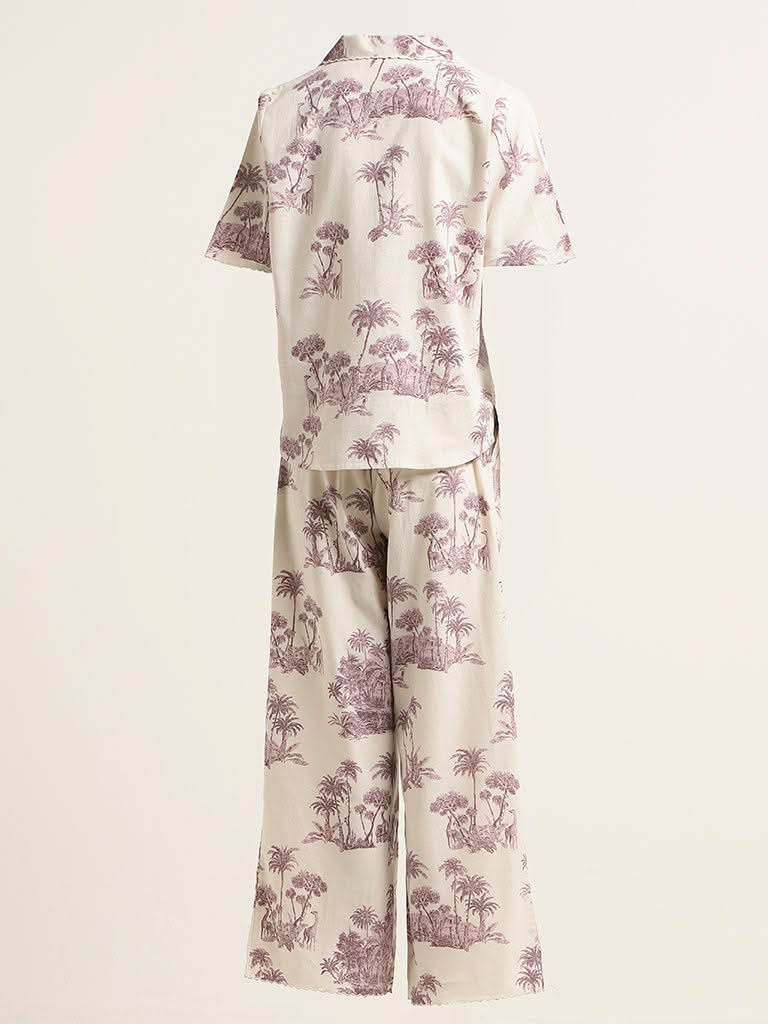 Wunderlove White Printed Cotton Shirt with Pyjamas