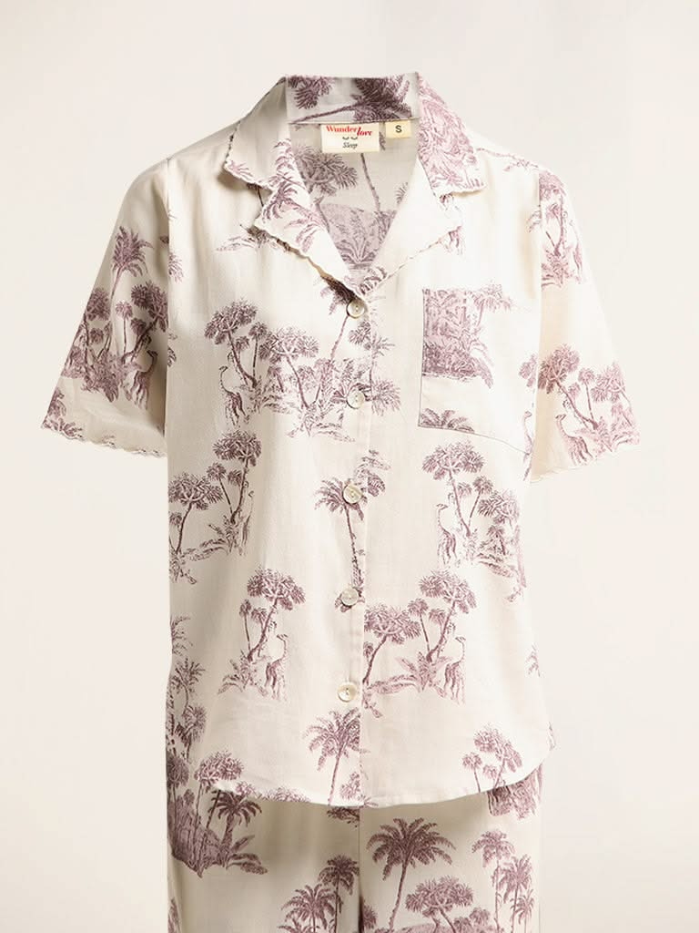 Wunderlove White Printed Cotton Shirt with Pyjamas