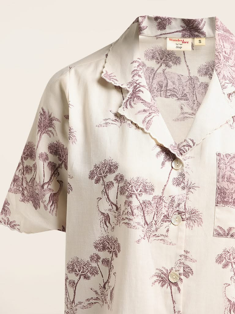 Wunderlove White Printed Cotton Shirt with Pyjamas