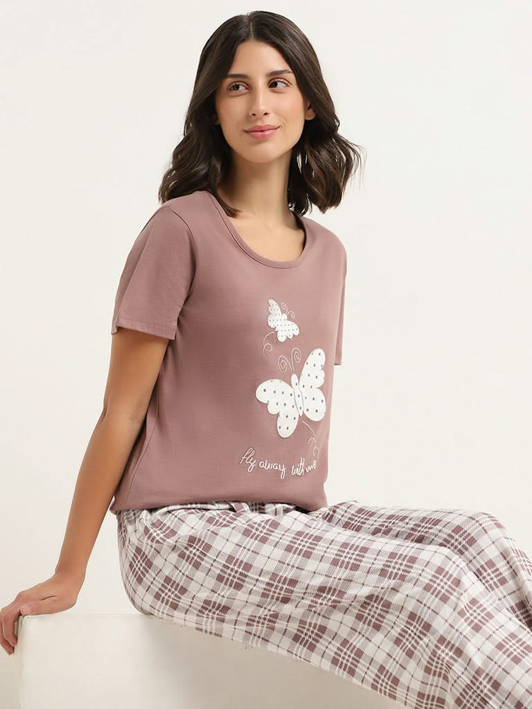 Wunderlove Brown Cotton T-Shirt and Pyjamas Set