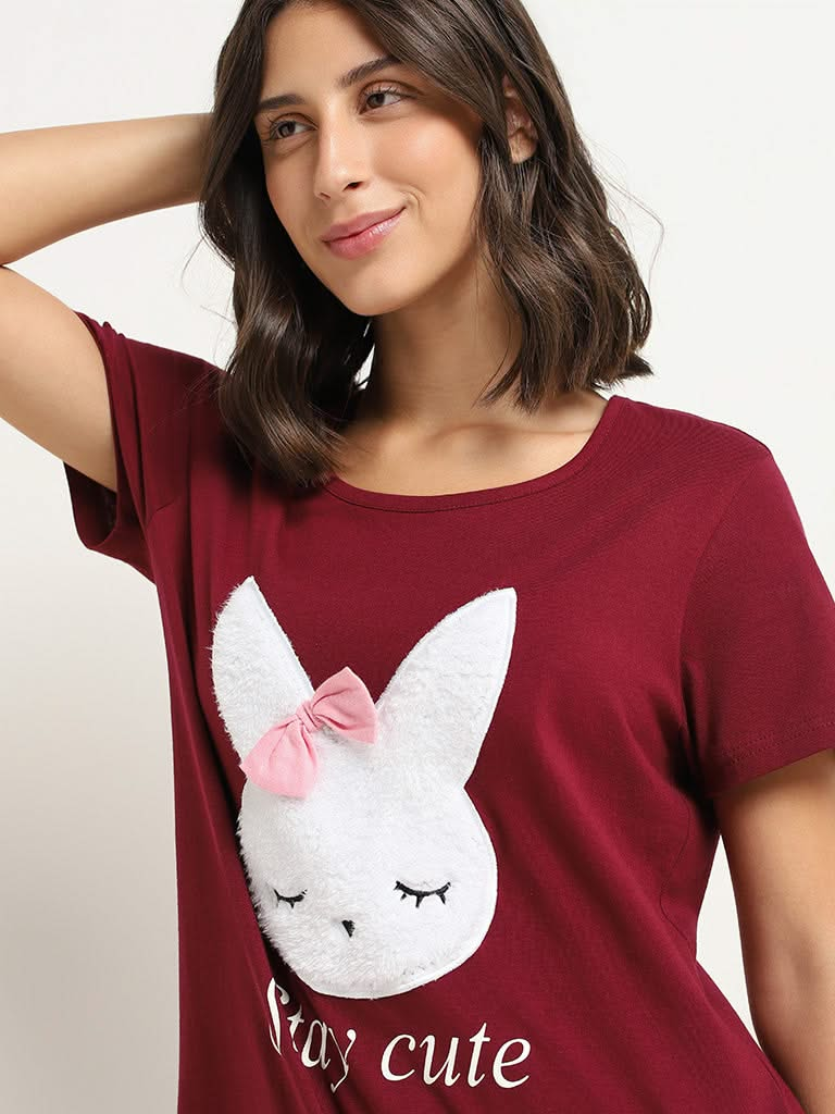 Wunderlove Maroon Cotton T-Shirt and Pyjamas Set