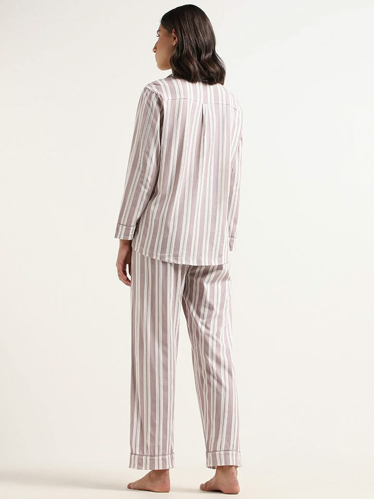 Wunderlove Light Brown Striped Cotton Shirt and Pyjama Set