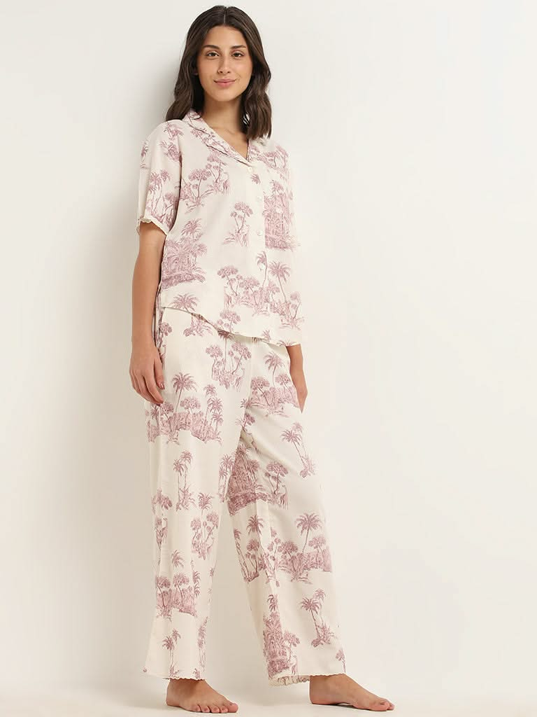 Wunderlove Off-White Printed Cotton Shirt and Pyjama Set