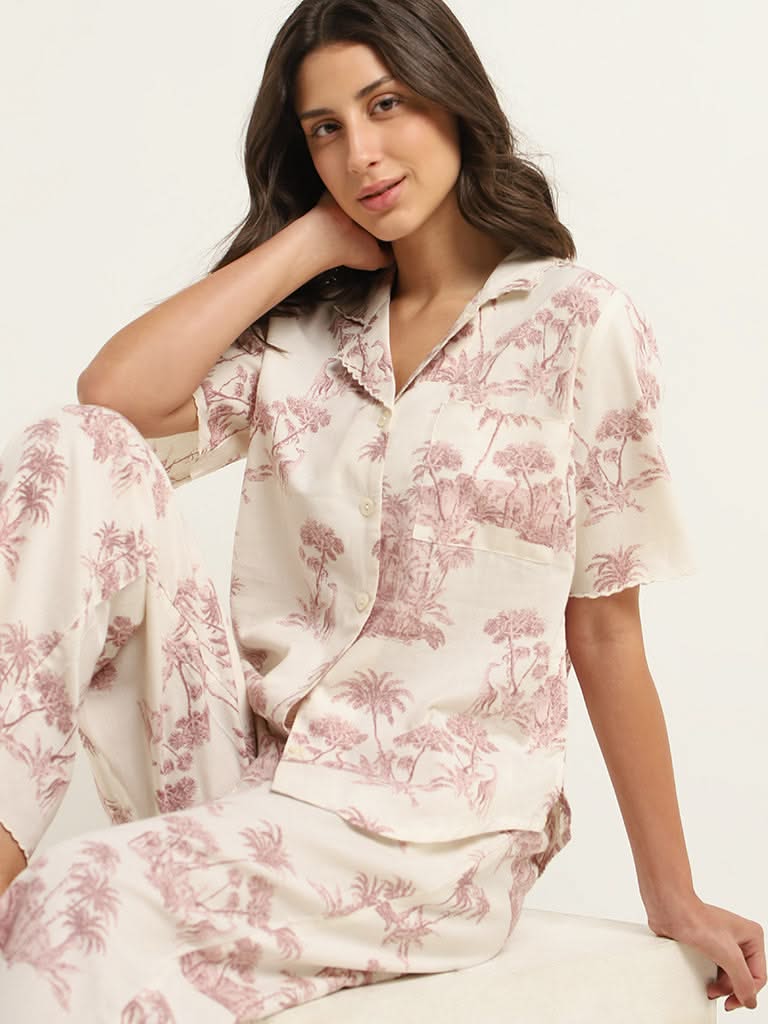 Wunderlove Off-White Printed Cotton Shirt and Pyjama Set