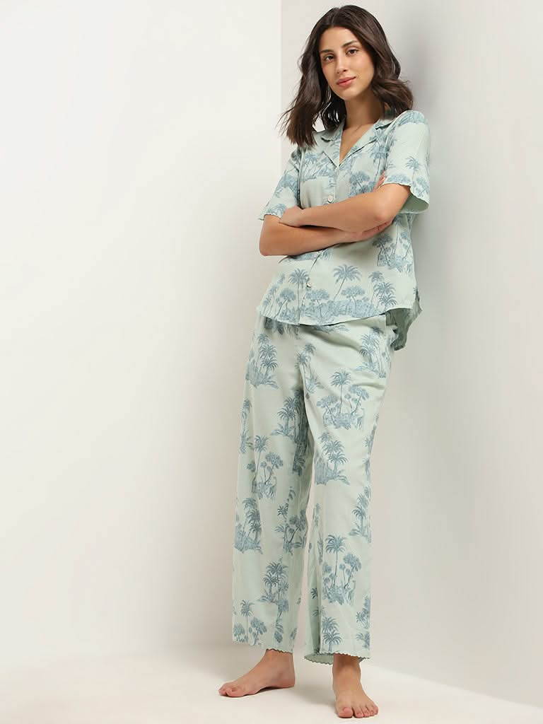 Wunderlove Green Printed Cotton Shirt and Pyjama Set