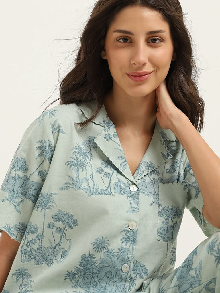 Wunderlove Green Printed Cotton Shirt and Pyjama Set