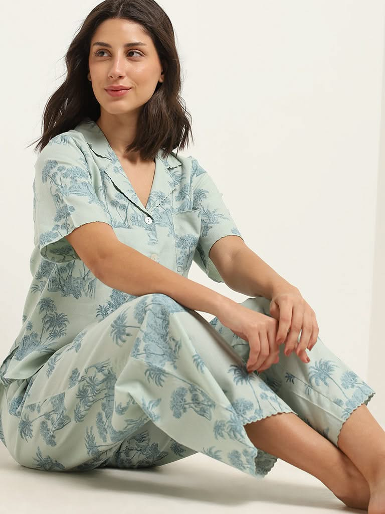 Wunderlove Green Printed Cotton Shirt and Pyjama Set