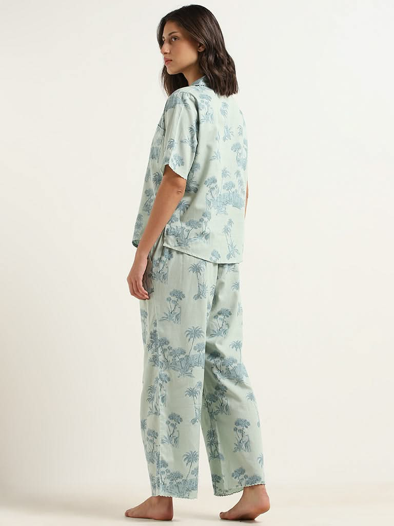 Wunderlove Green Printed Cotton Shirt and Pyjama Set