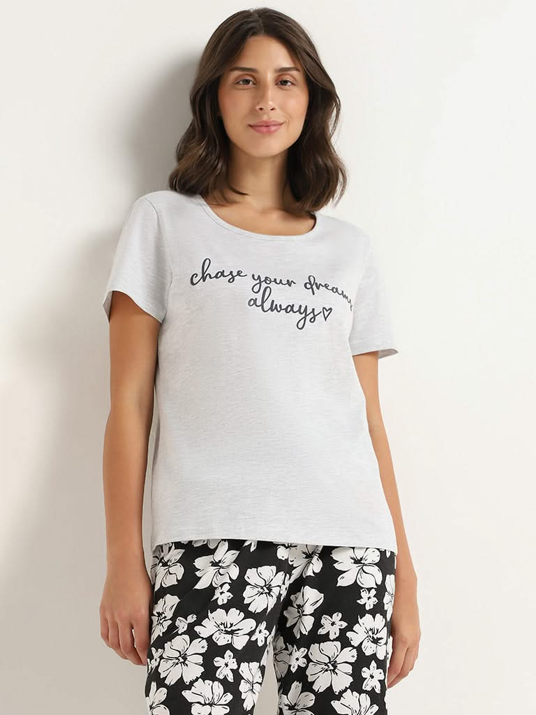 Wunderlove Grey Contrast Printed Cotton T-Shirt