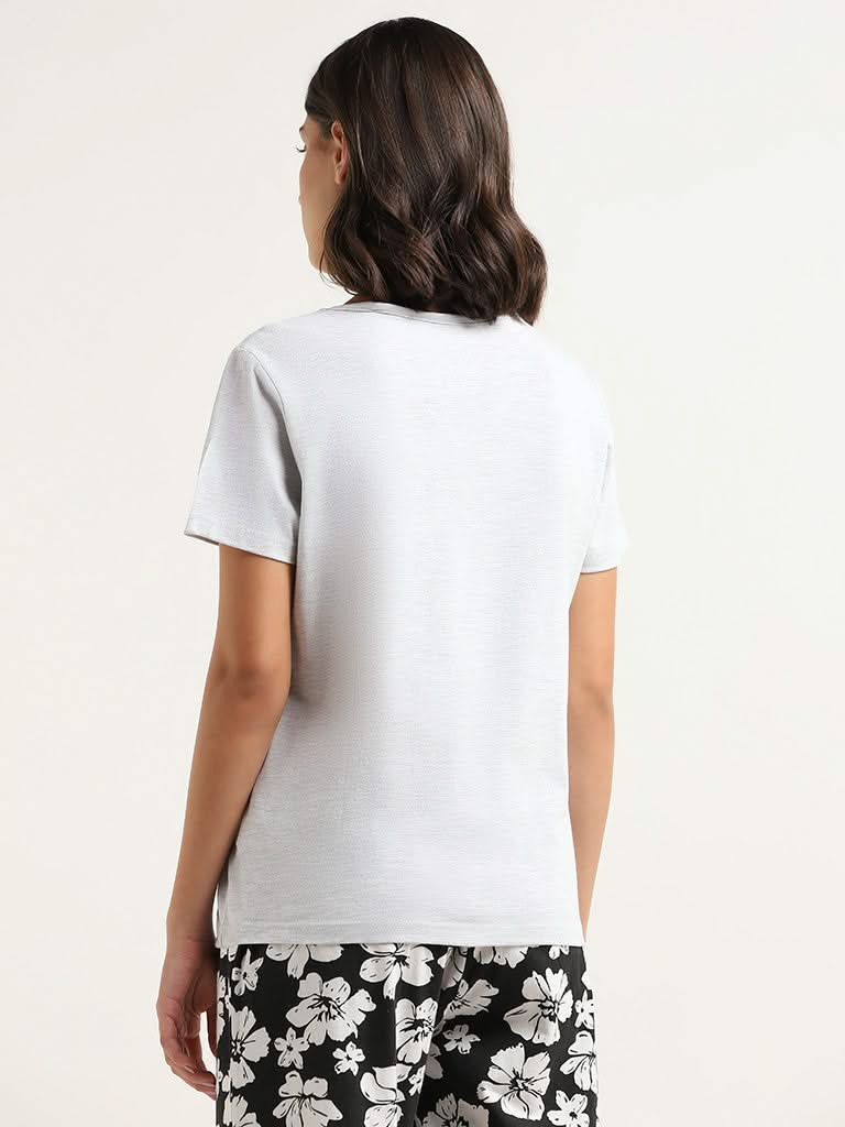 Wunderlove Grey Contrast Printed Cotton T-Shirt