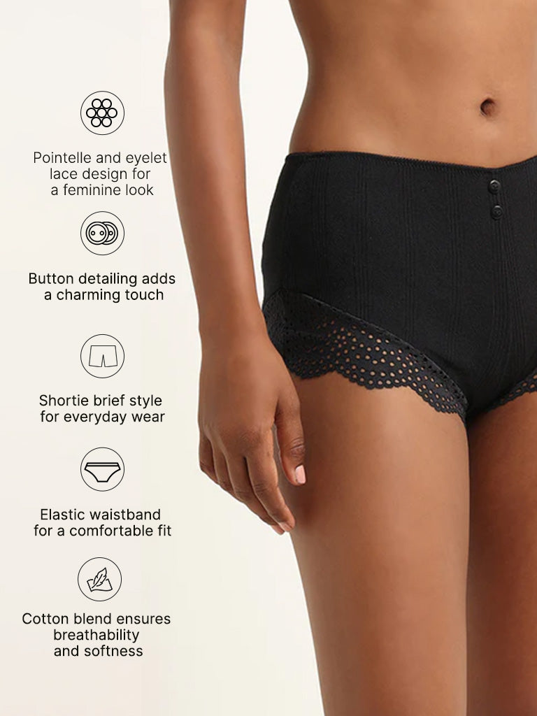 Superstar Black Cotton Blend Pointelle Lace Brief