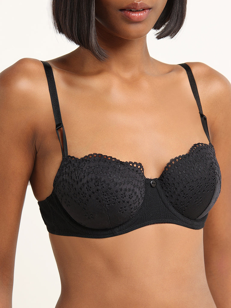 Superstar Black Pointelle Cotton Blend Lace Bra