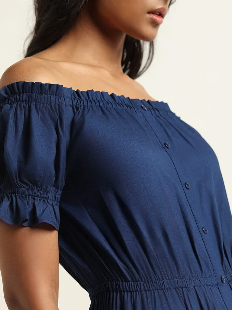 LOV Navy Cotton Off Shoulder Dress