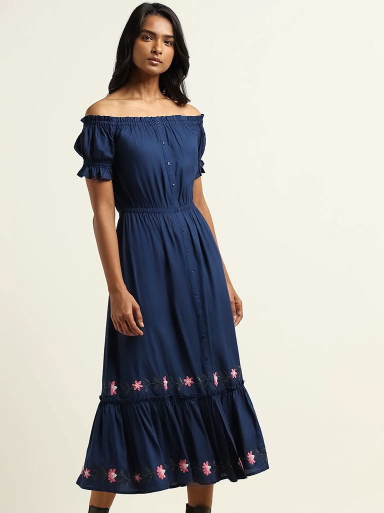 LOV Navy Cotton Off Shoulder Dress