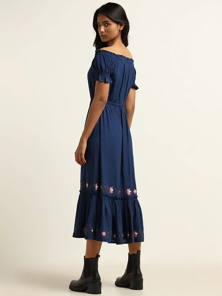 LOV Navy Cotton Off Shoulder Dress