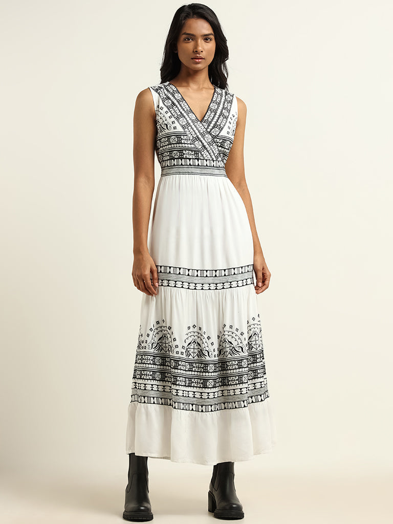 LOV Black and White Printed Cotton A-Line Dress