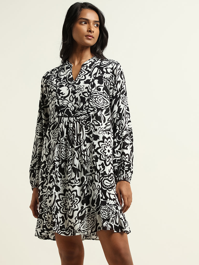 LOV Black and White Printed Cotton A-Line Dress