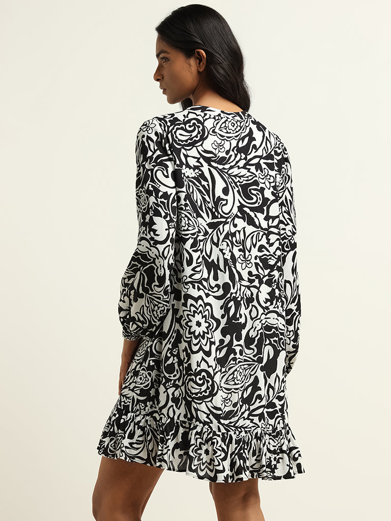 LOV Black and White Printed Cotton A-Line Dress