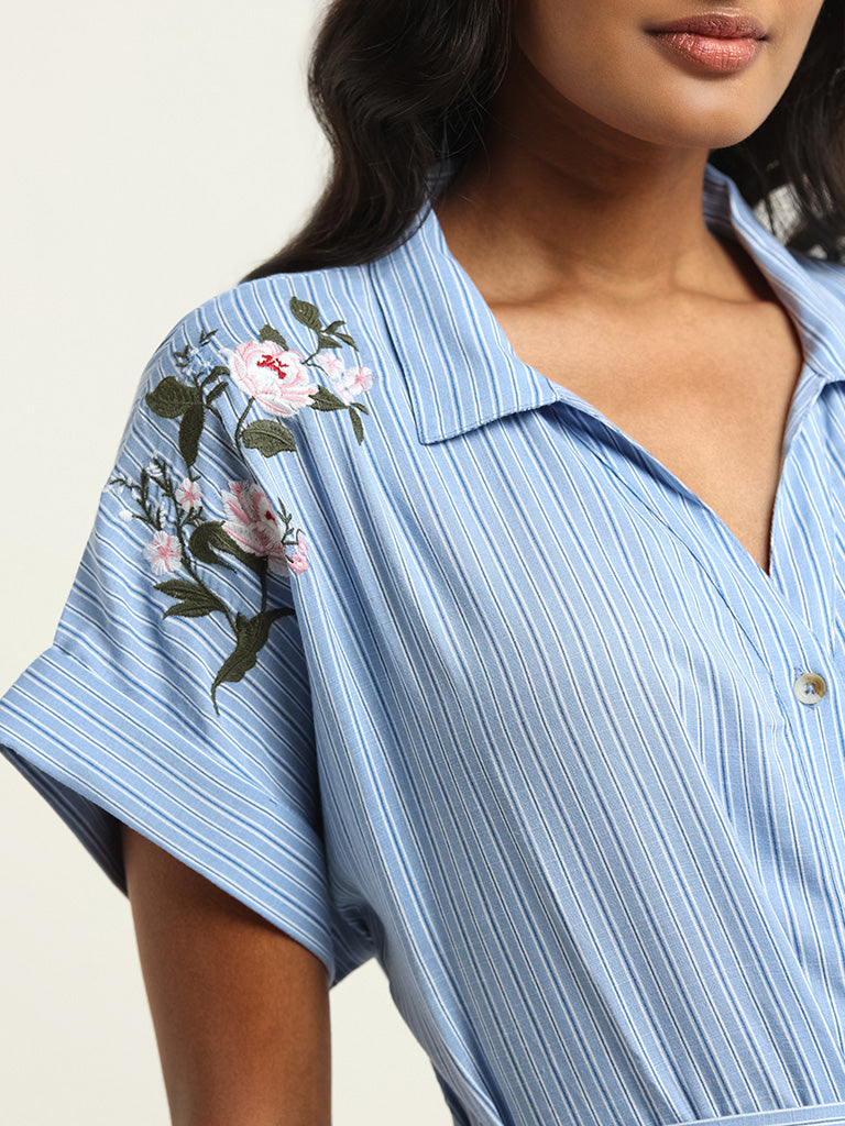 LOV Powder Blue Striped Shirt Dress with Fabric Belt