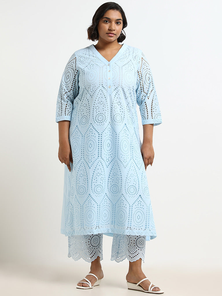 Diza Blue Schiffli Cotton Kurta