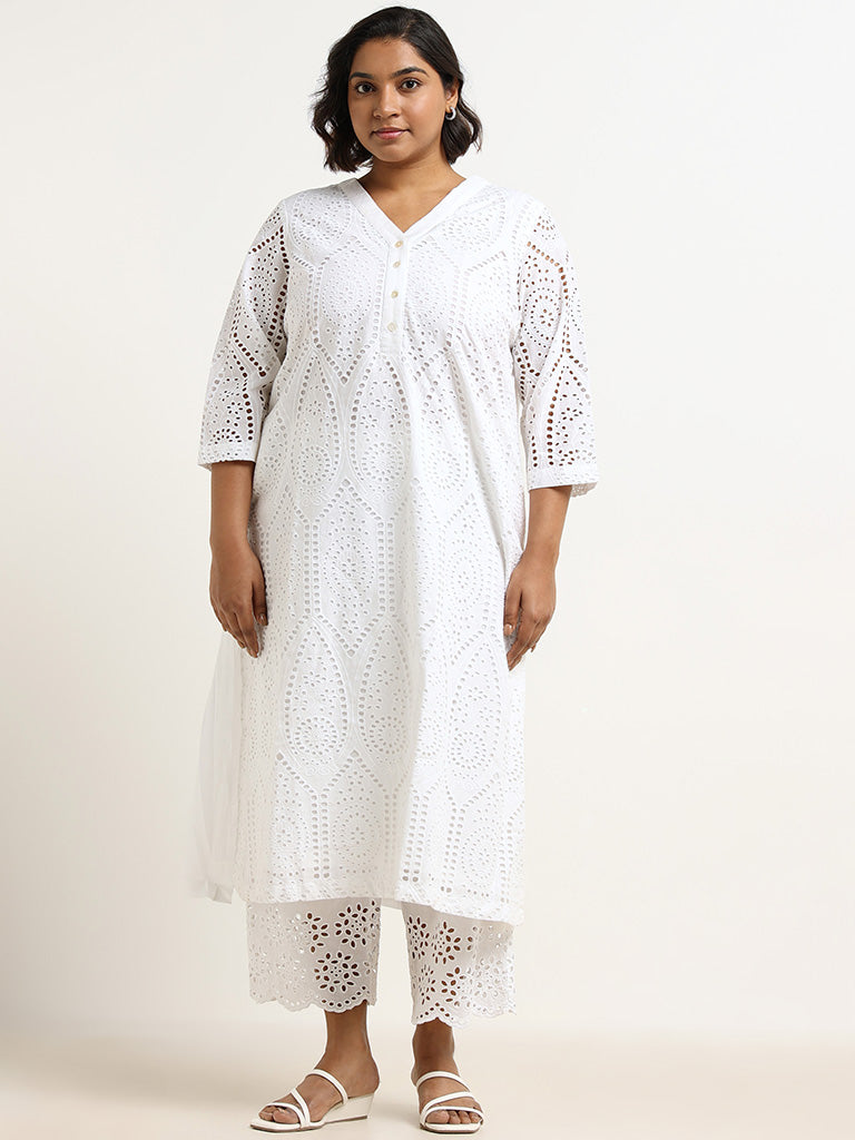 Diza White Schiffli Cotton Kurta