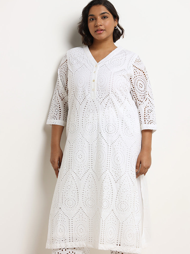 Diza White Schiffli Cotton Kurta