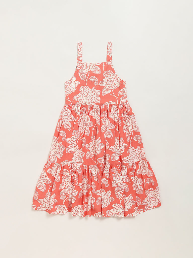 Utsa Kids Peach Printed Strappy Dress (8 -14yrs)