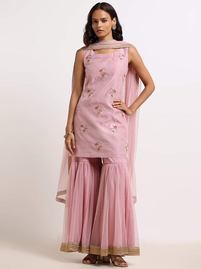 Vark Lilac Embroidered Kurti, Sharara and Dupatta Set