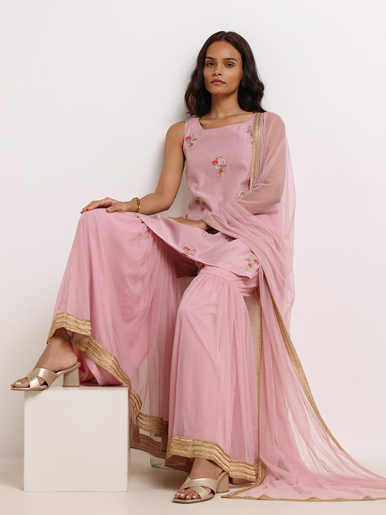 Vark Lilac Embroidered Kurti, Sharara and Dupatta Set