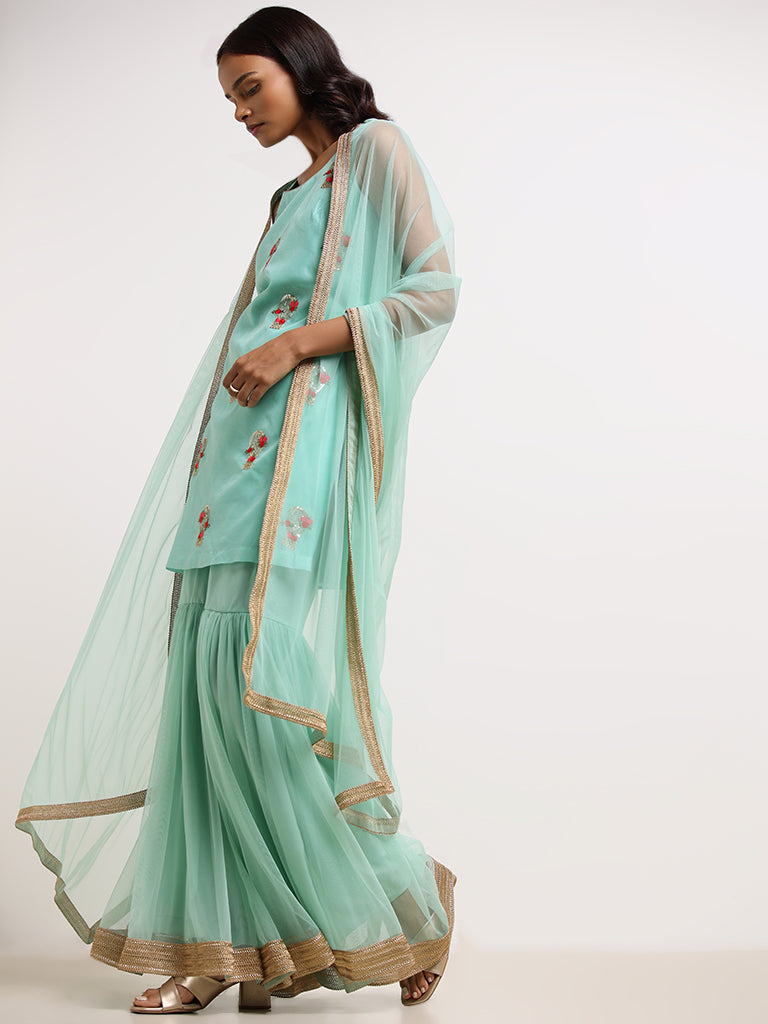 Vark Teal Embroidered Kurti, Sharara & Dupatta Set