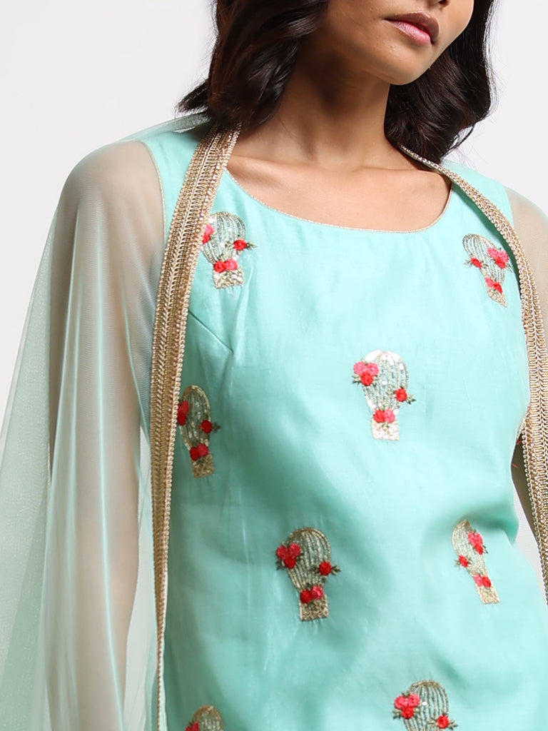 Vark Teal Embroidered Kurti, Sharara & Dupatta Set