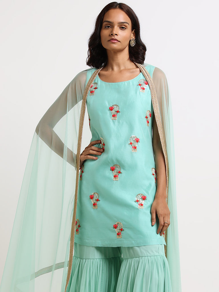 Vark Teal Embroidered Kurti, Sharara & Dupatta Set