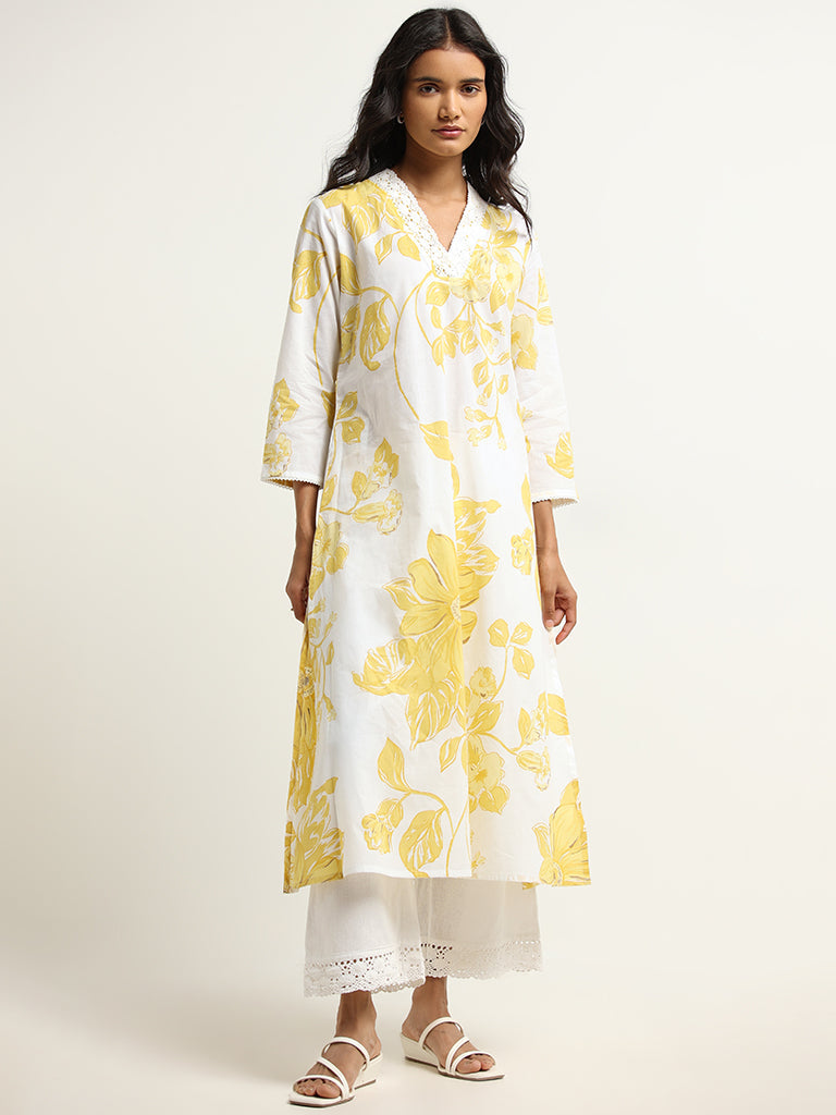 Utsa Yellow Straight Fit Floral Print Cotton Kurta