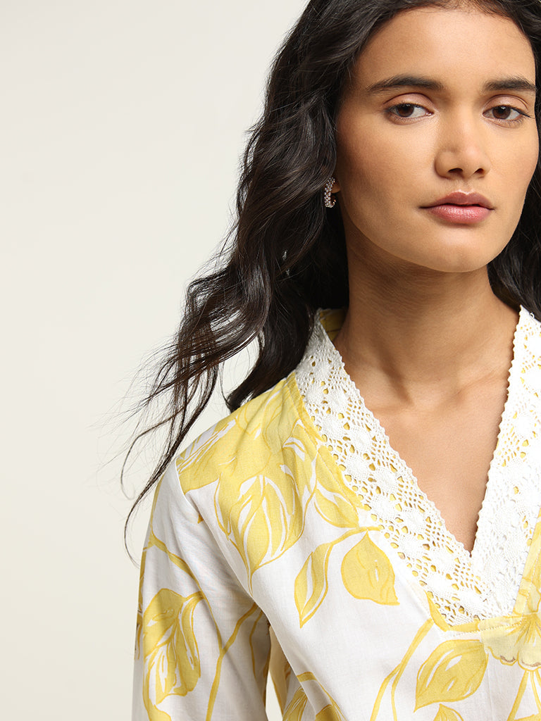 Utsa Yellow Straight Fit Floral Print Cotton Kurta