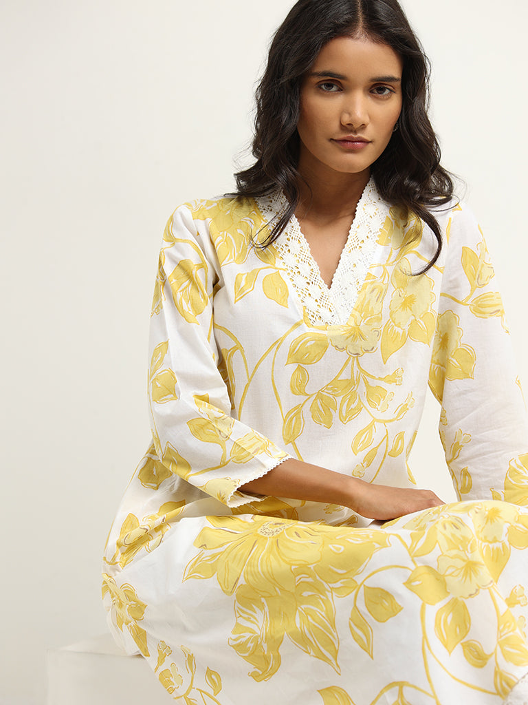 Utsa Yellow Straight Fit Floral Print Cotton Kurta