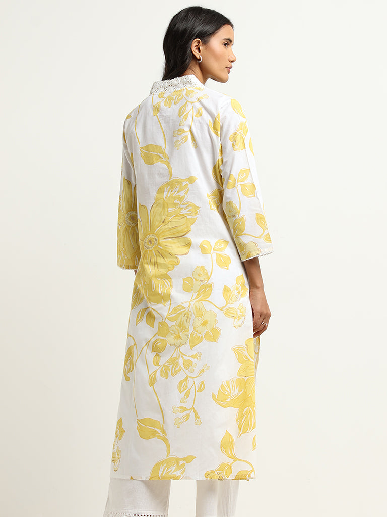 Utsa Yellow Straight Fit Floral Print Cotton Kurta