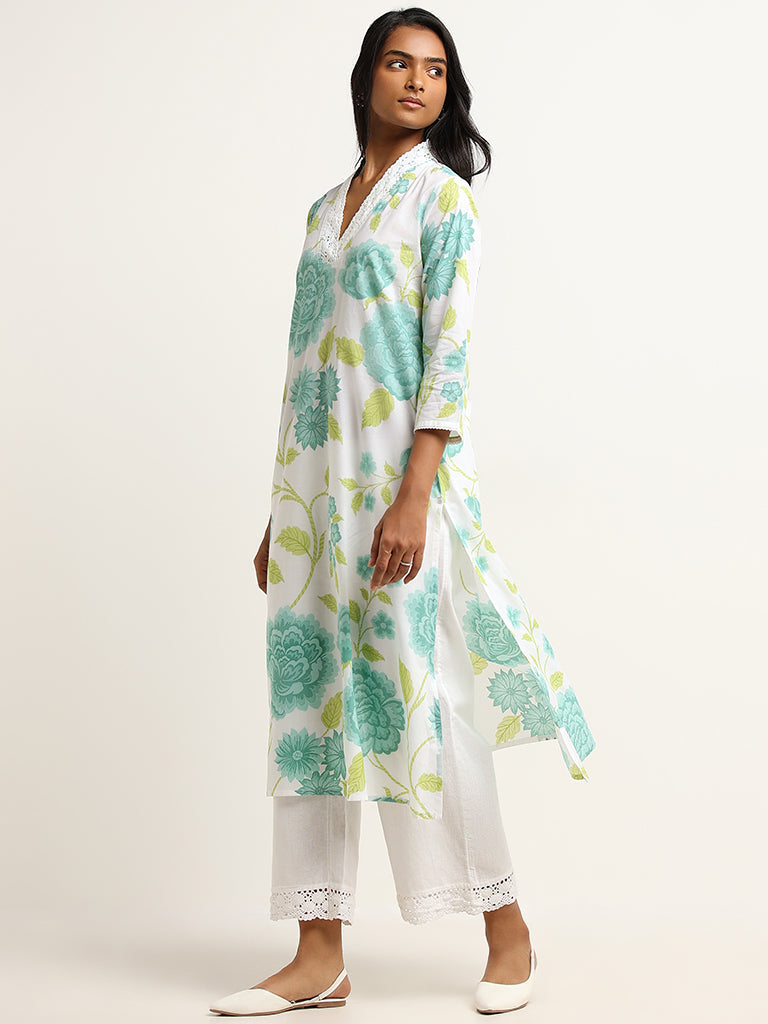 Utsa Aqua Straight Fit Floral Print Cotton Kurta