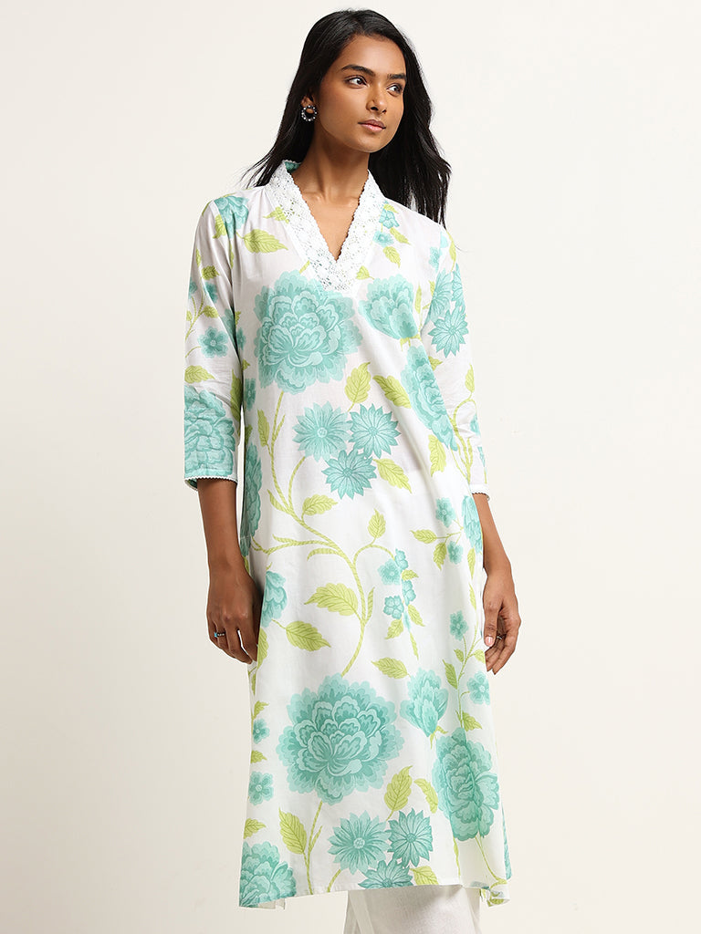 Utsa Aqua Straight Fit Floral Print Cotton Kurta