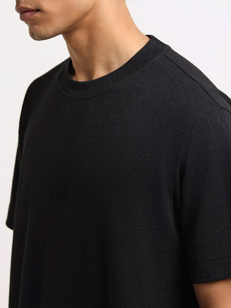 Studiofit Black Self-Patterned Cotton Relaxed Fit T-Shirt