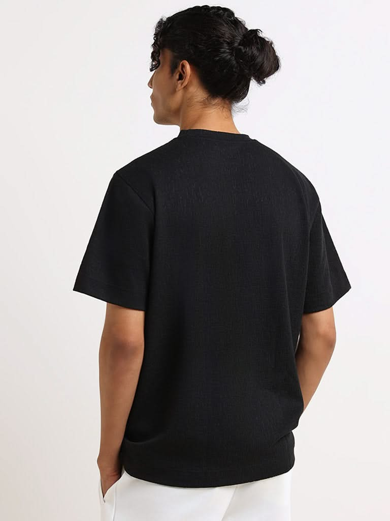 Studiofit Black Self-Patterned Cotton Relaxed Fit T-Shirt