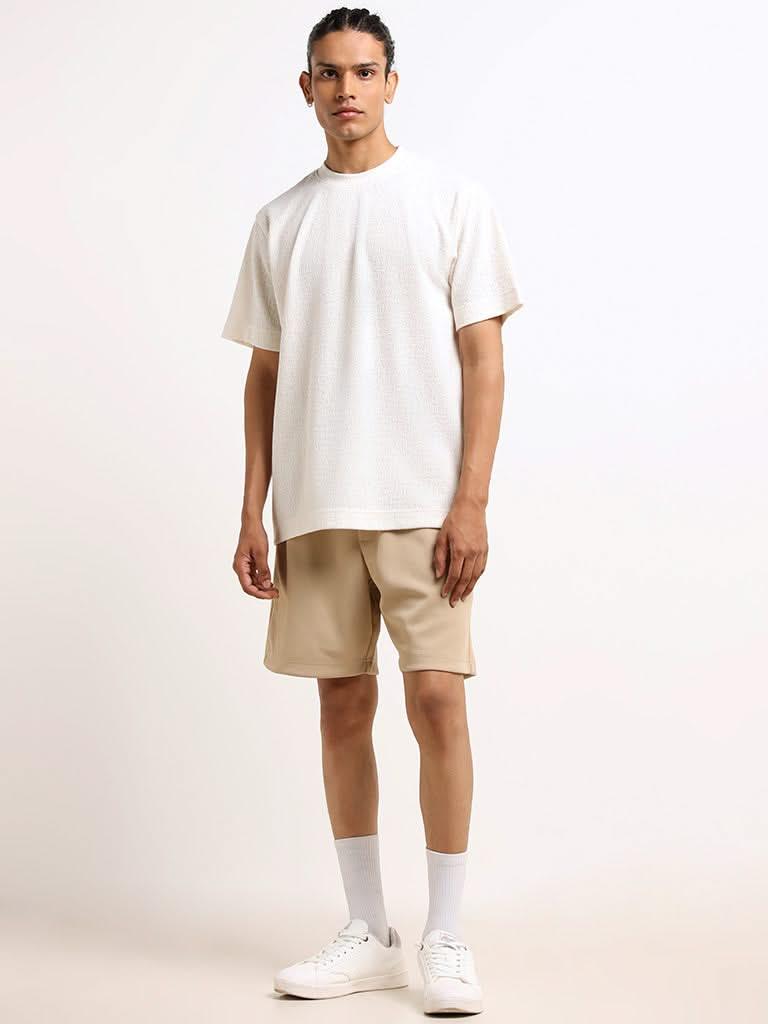 Studiofit Off-White Self-Patterned Cotton Blend Relaxed Fit T-Shirt