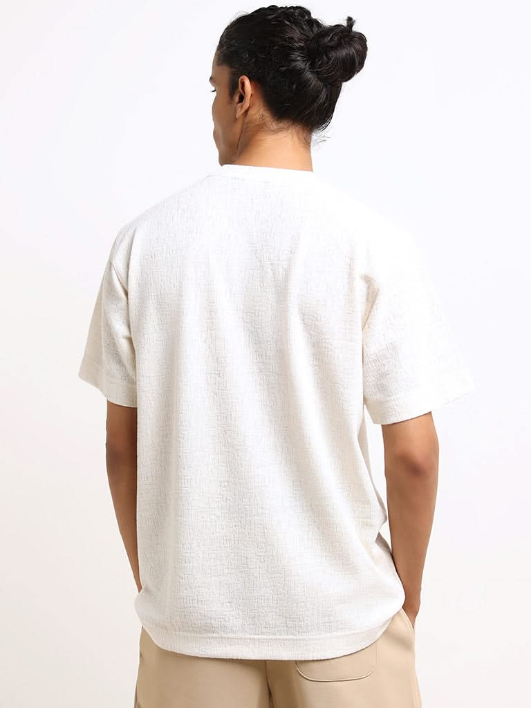 Studiofit Off-White Self-Patterned Cotton Blend Relaxed Fit T-Shirt