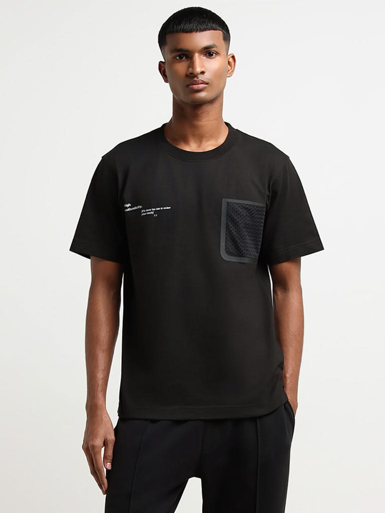 Studiofit Black Mesh Cotton Relaxed Fit T-Shirt