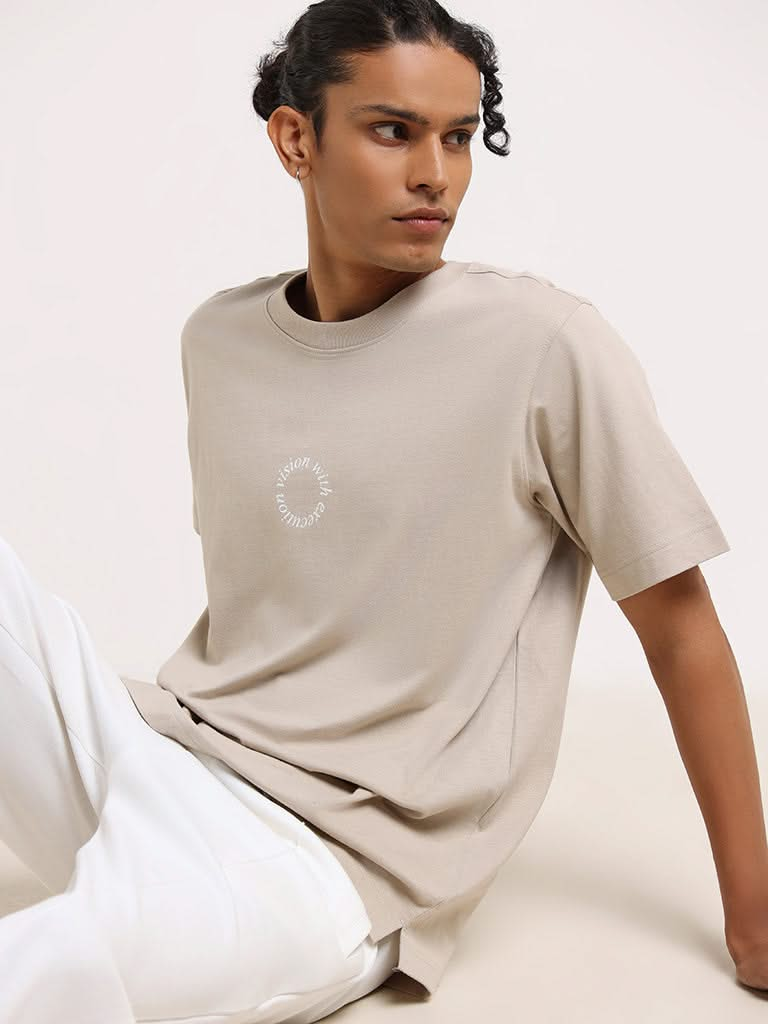 Studiofit Beige Cotton Relaxed-Fit T-Shirt