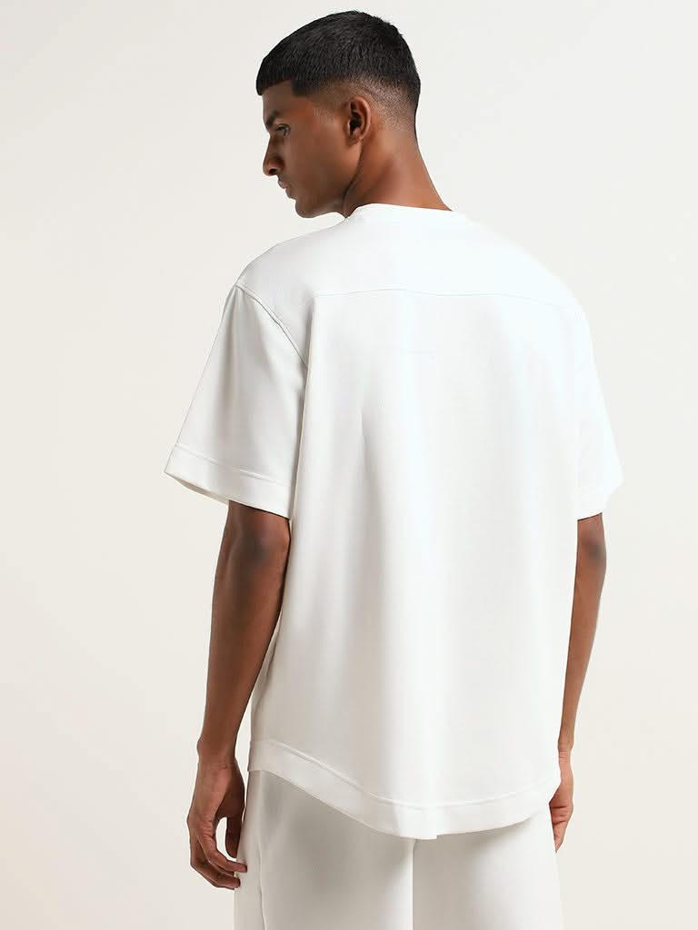 Studiofit White Printed Cotton Blend Relaxed Fit T-Shirt