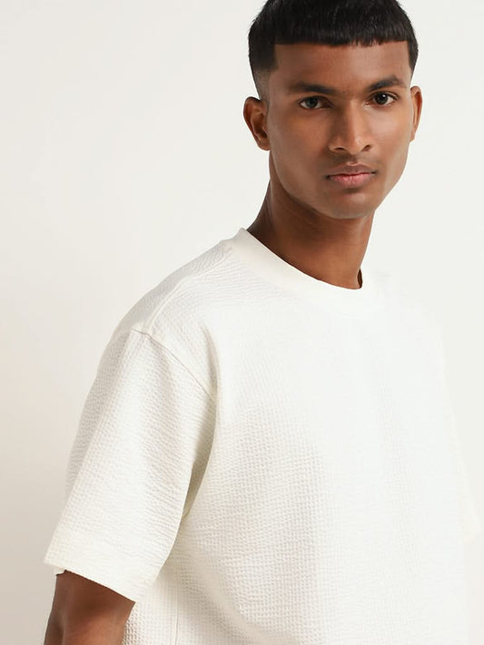 Studiofit Off-White Self-Patterned Cotton Blend Relaxed Fit T-Shirt