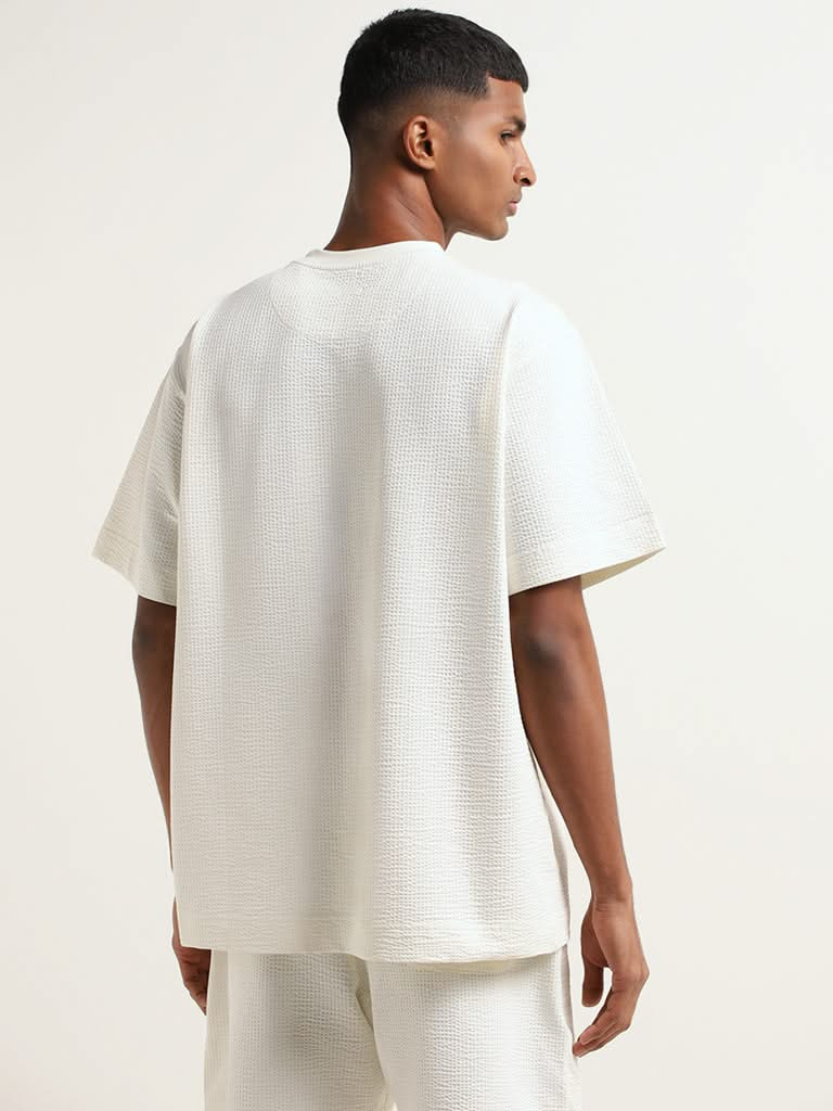 Studiofit Off-White Self-Patterned Cotton Blend Relaxed Fit T-Shirt