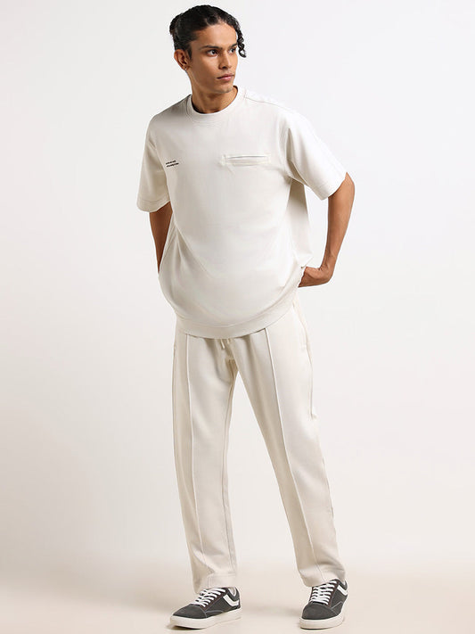 Studiofit Off-White Cotton Blend Front Seam Straight Fit Track Pants